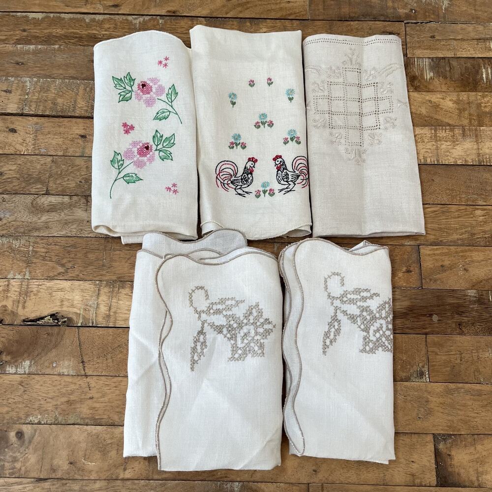 Vintage Cross-Stitch Embroidered Linen Napkins Set of 5 Floral Farmhouse Style